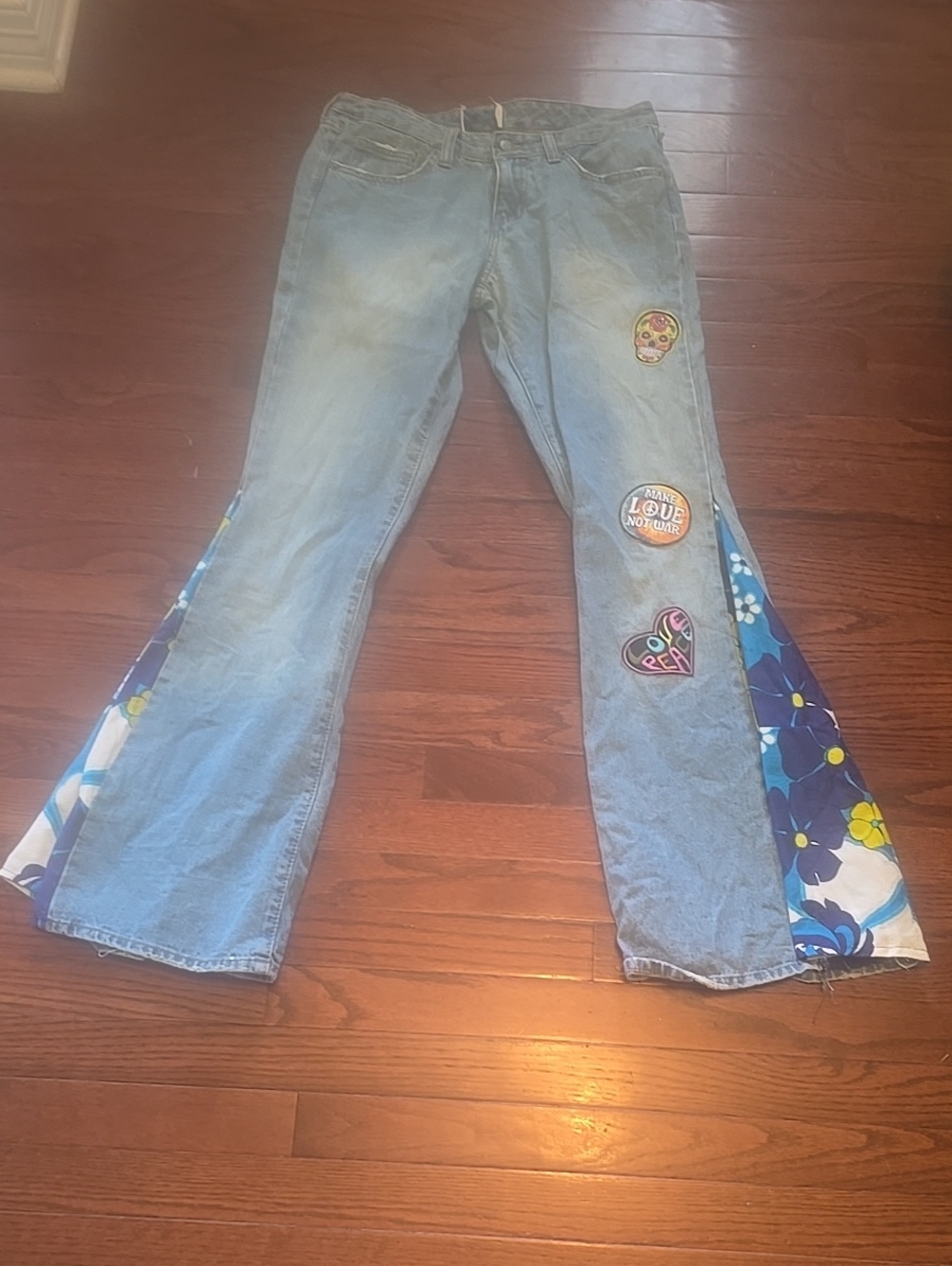 Vintage, Light Blue Wide-Leg Patchwork Flare Jeans with Floral Inset